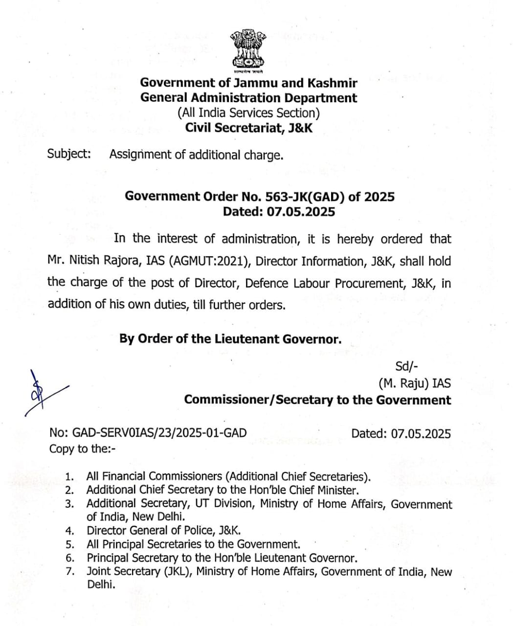 J&K IAS Officer Nitish Rajora Gets Additional Charge of Director, Defence Labour Procurement