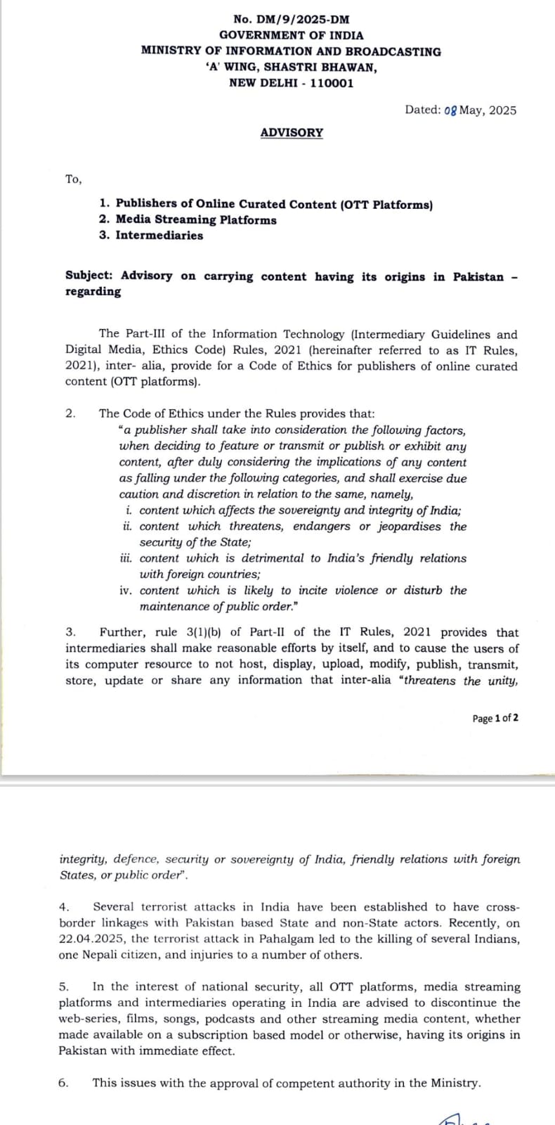 Advisory on carrying content having it’s origin in Pakistan.