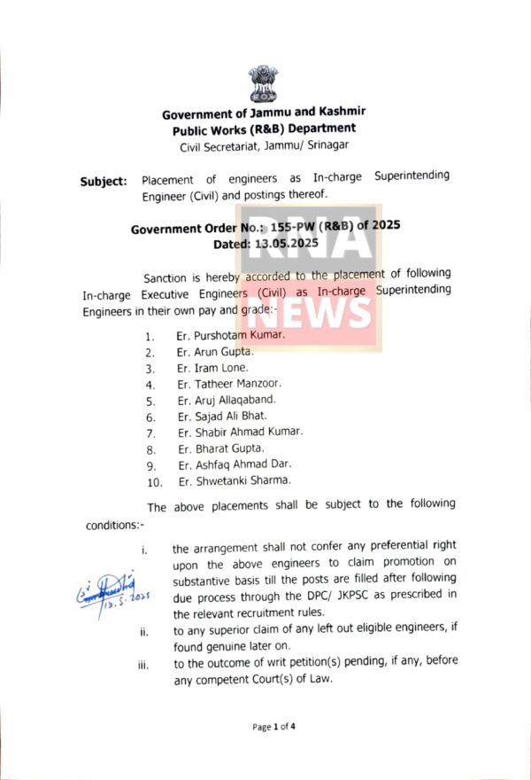 Engineers Placed as In-charge Superintending Engineers in J&K Public Works (R&B) Department