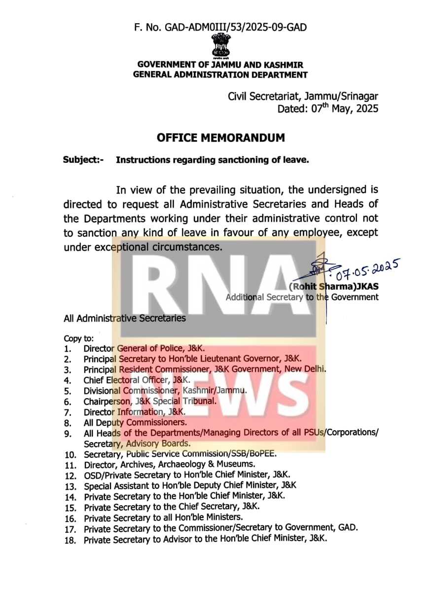J&K Government Tightens Leave Sanctioning for Employees Amidst Prevailing Situation