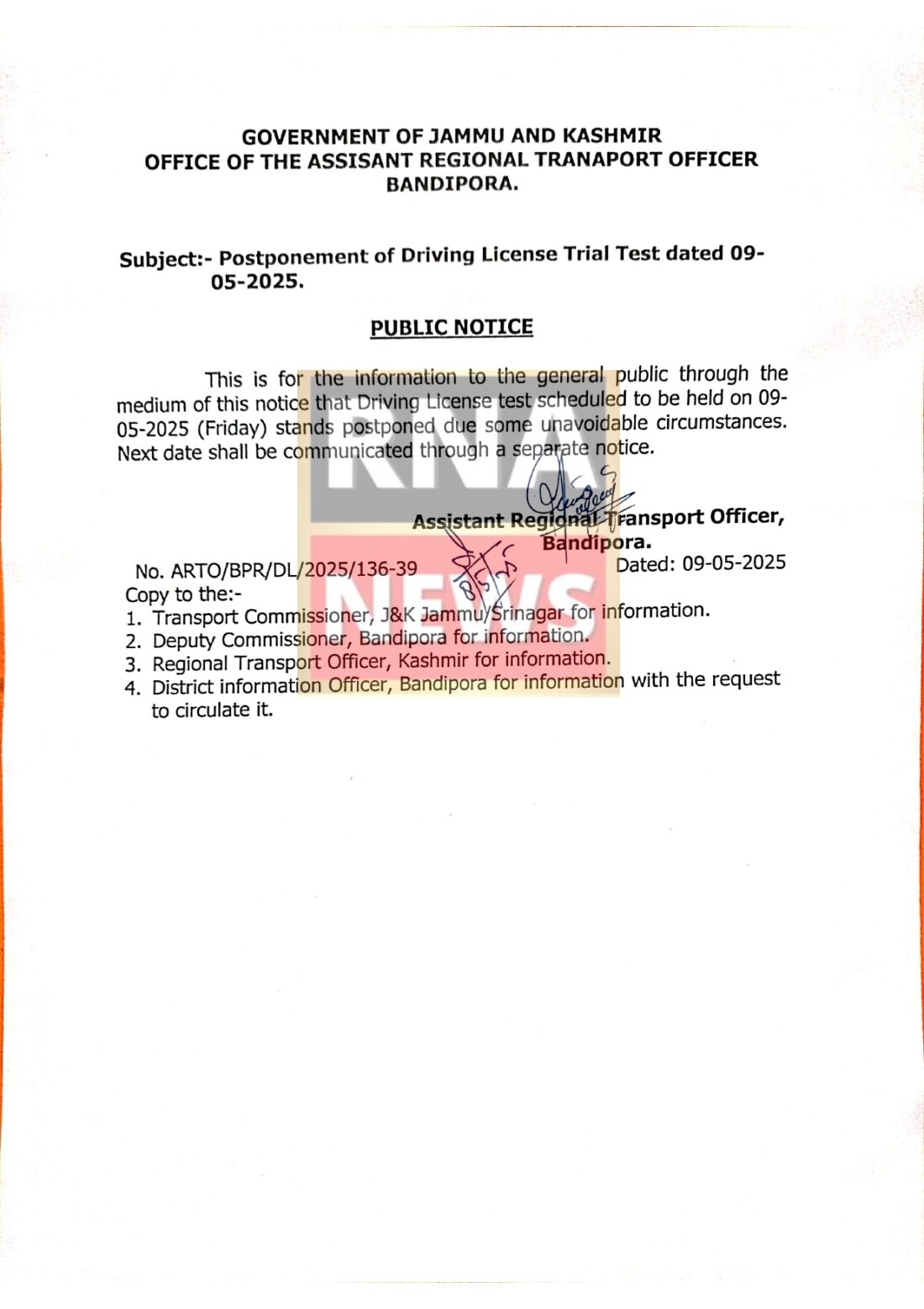 Driving License Test in Bandipora Postponed