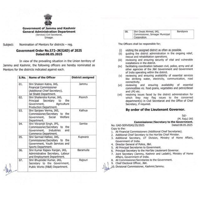 J&K Government Nominates Mentors for Districts Amid Prevailing Situation