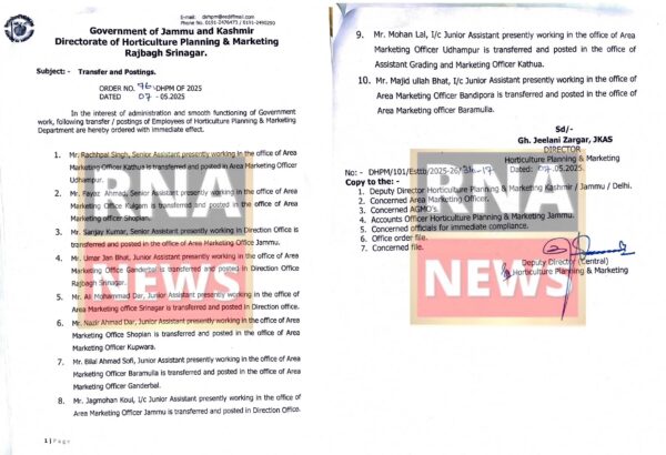 J&K Horticulture Department Announces Transfers and Postings