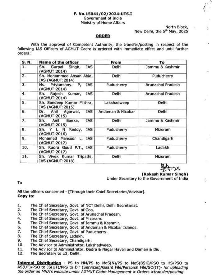 MHA Orders Transfer of 11 AGMUT Cadre IAS Officers; Two Posted to J&K, One to Ladakh MHA transfers 11 IAS officers of AGMUT cadre; Gurpal Singh and Anil Banka posted to J&K, Rudra Goud to Ladakh.