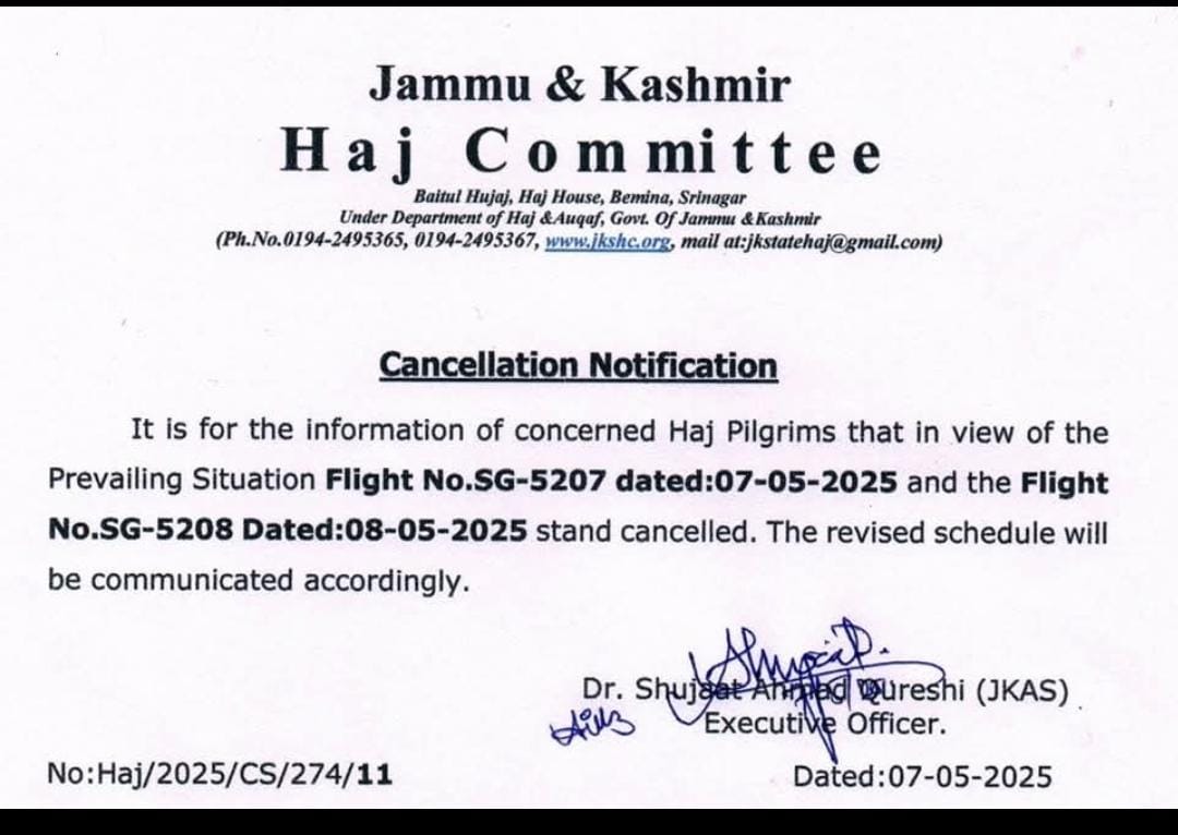 Haj Flights Scheduled for May 7th and 8th Cancelled by Jammu & Kashmir Haj Committee