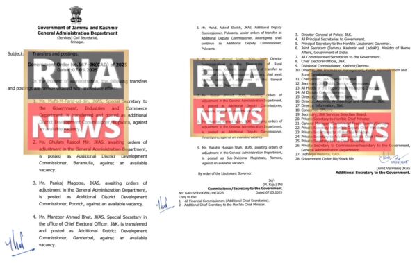 J&K Government Orders Transfers and Postings in GAD