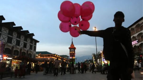 People in lalchowk after India Pakistan announce end to military hostilites.(Express Photo by Shuaib Masoodi)