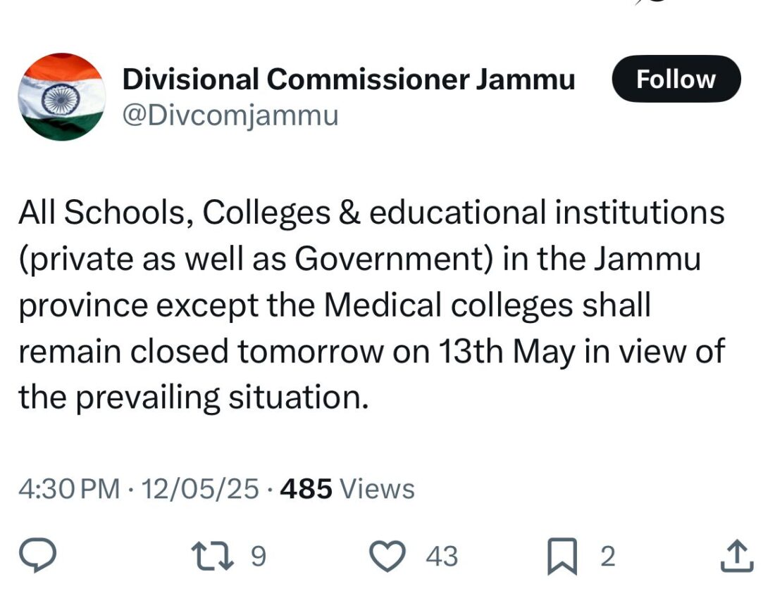 Jammu Schools and Colleges to Remain Closed on May 13 Due to Prevailing Situation