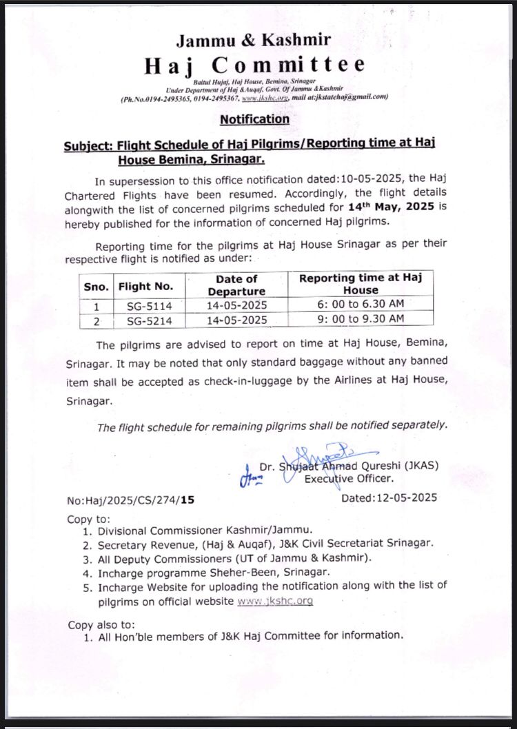 Haj Flights from Srinagar to Resume; Schedule Announced for May 14