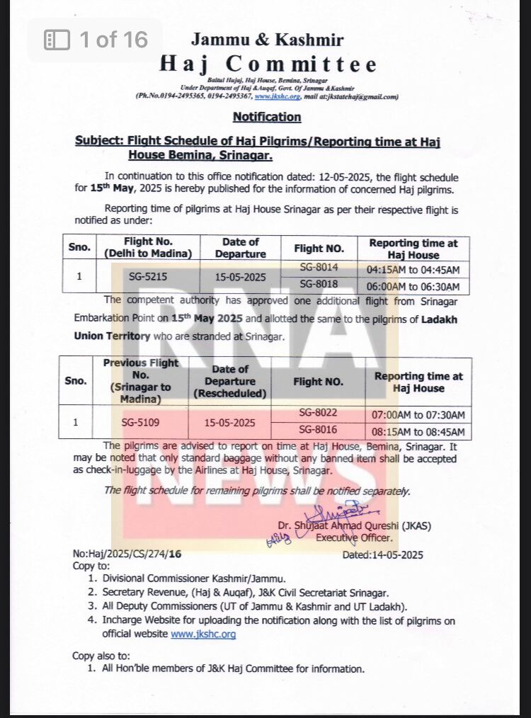Haj Flights Resume from Srinagar Airport for May 15th, Additional Flight Added for Ladakh Pilgrims Flight Schedule for 15th May 2025