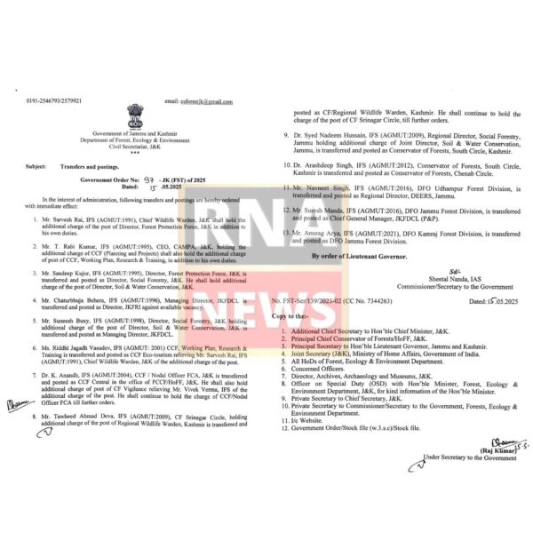 Major Reshuffle in Jammu and Kashmir Forest Department
