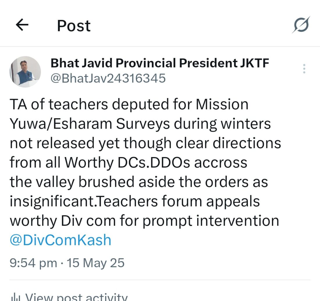 Kashmir Teachers Await TA for Winter Mission Yuwa/Esharam Surveys; Allege Disregard of Orders Kashmir Teachers Await TA for Winter Mission Yuwa/Esharam Surveys; Allege Disregard of Orders