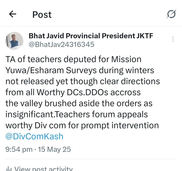 Kashmir Teachers Await TA for Winter Mission Yuwa/Esharam Surveys; Allege Disregard of Orders
