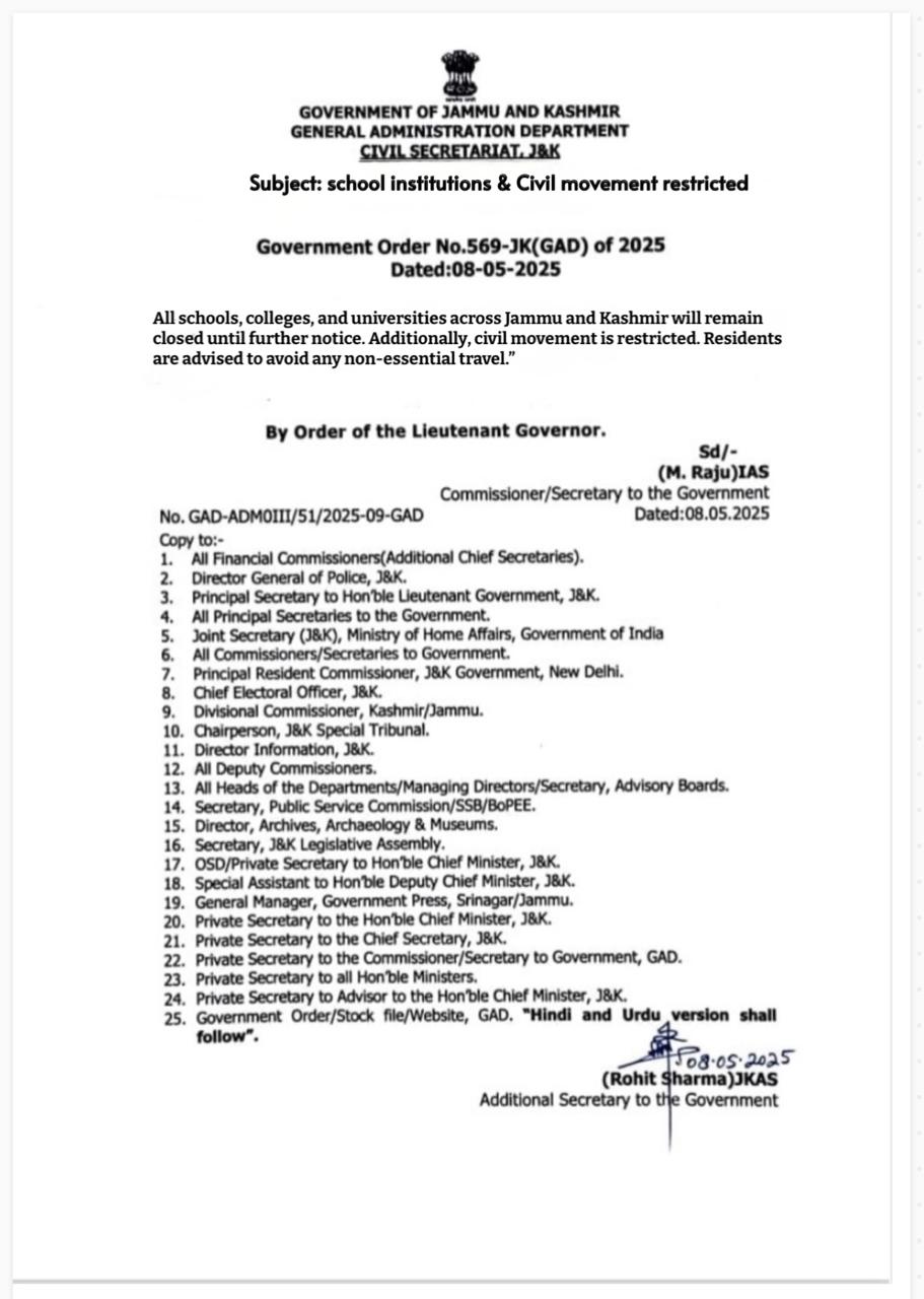 J&K Shuts All Educational Institutions, Restricts Civilian Movement Amid Prevailing Situation
