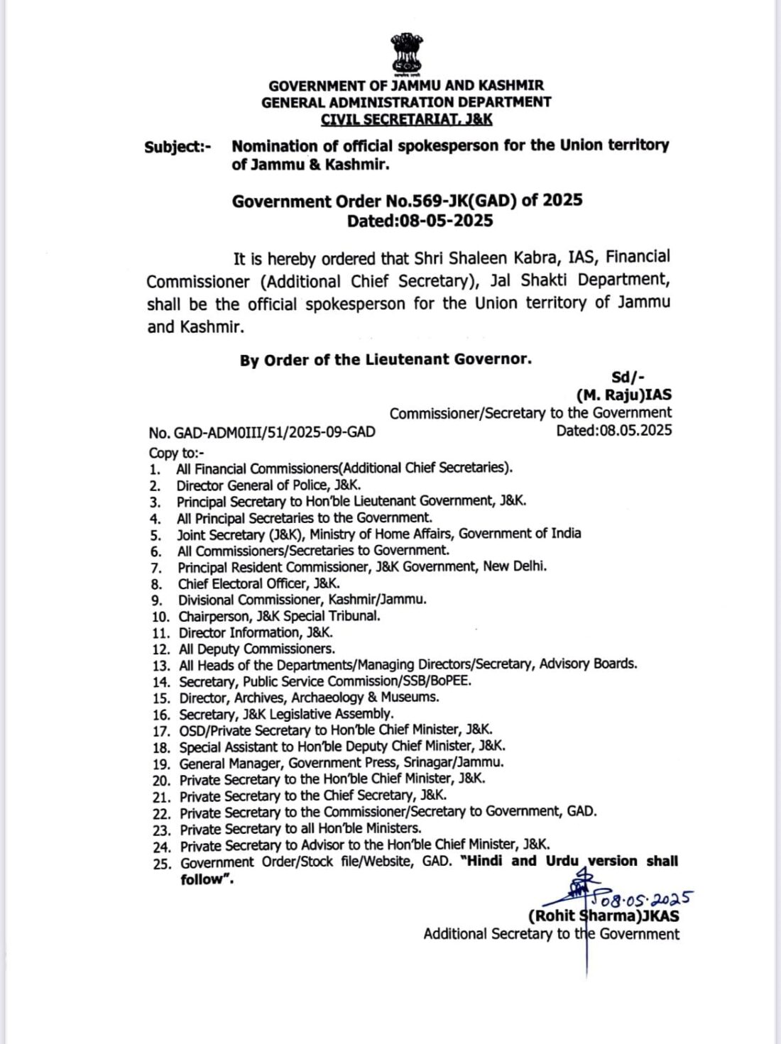 Shaleen Kabra Appointed as Official Spokesperson of J&K UT