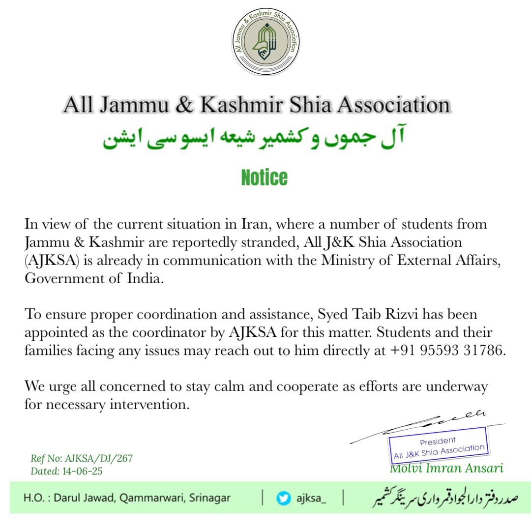 AJKSA Takes Action to Assist Stranded J&K Students in Iran.