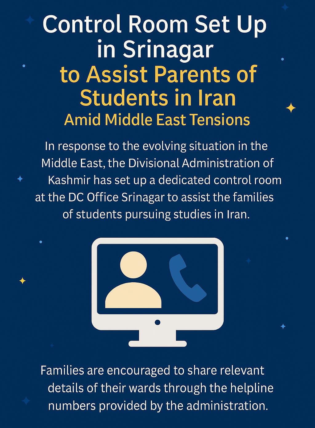 Control Room Set Up in Srinagar to Assist Parents of Students in Iran Amid Middle East Tensions.