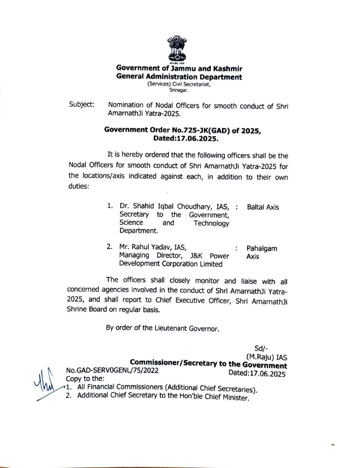 Govt Appoints Dr Shahid Iqbal Choudhary & Rahul Yadav as Nodal Officers for Shri Amarnath Ji Yatra 2025.